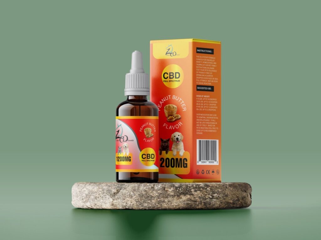 A bottle of cbd oil next to a box.