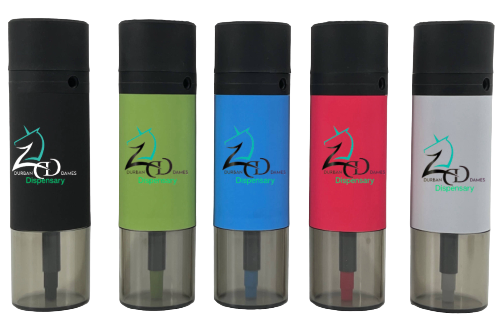 A group of four different colored bottles with the same logo.